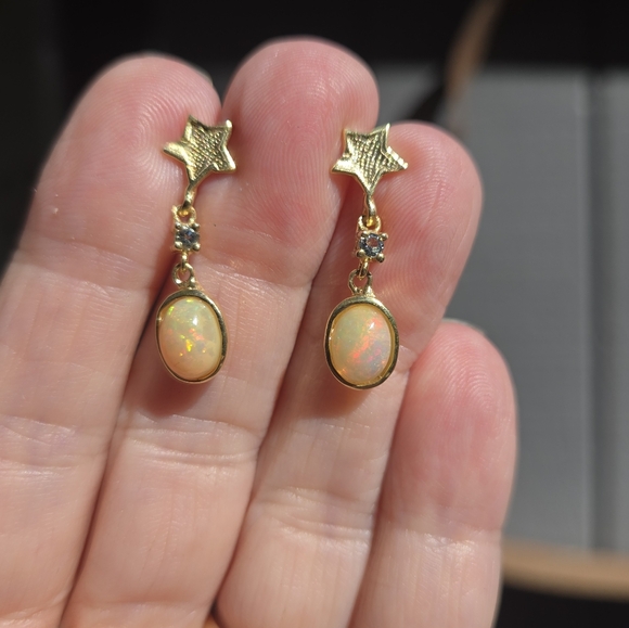 Opal & blue Topaz sterling & gold star earrings NEW - Picture 4 of 10